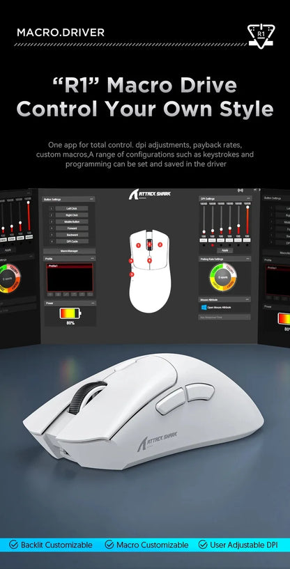 Attack Shark R1 Wireless Mouse for Gaming 1000 Hz PAW3311 Sensor, Rechargeable, Bluetooth Tri-mode, Ergonomic