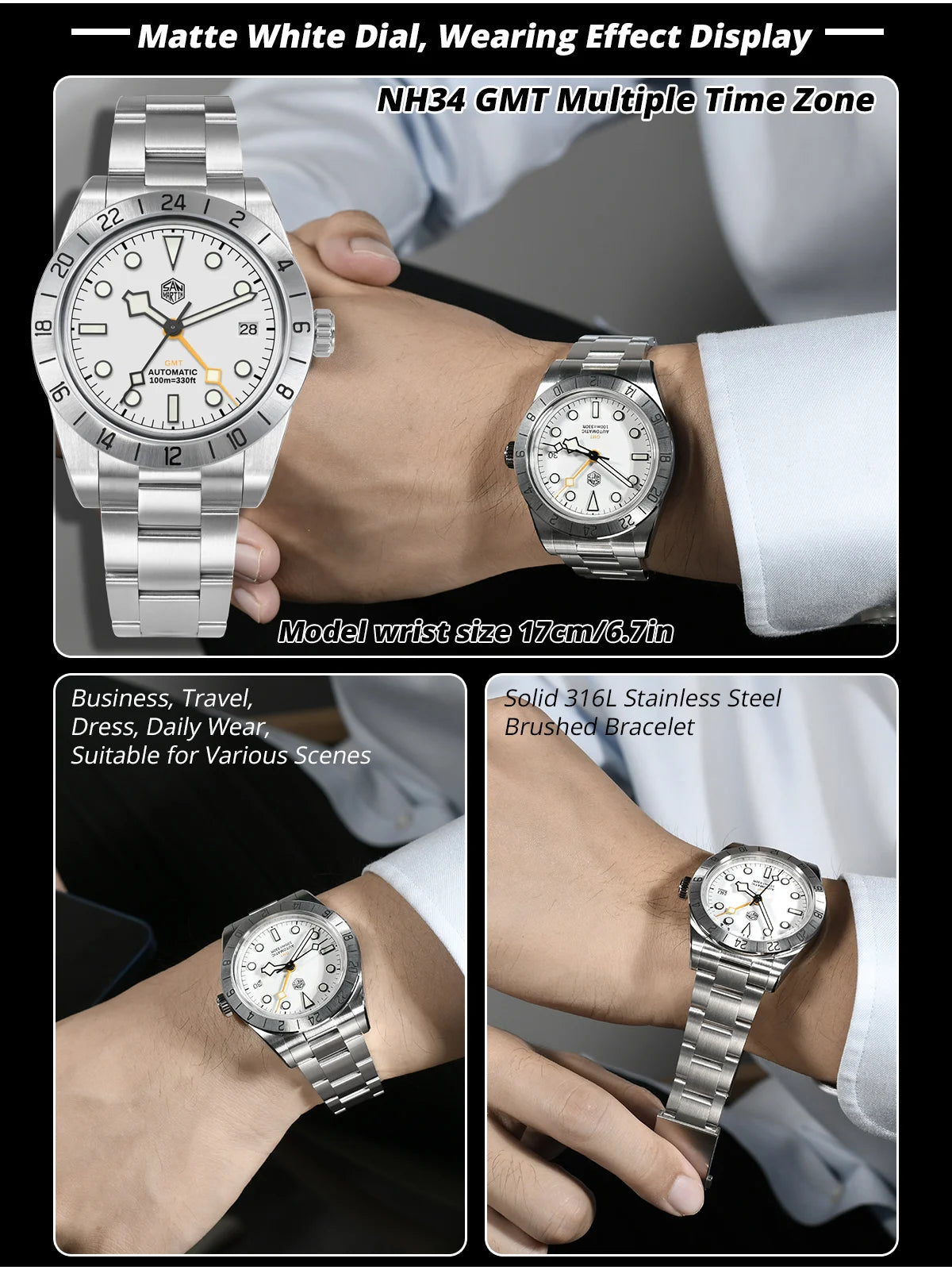 San Martin New 39mm NH34 BB GMT Automatic Mechanical Watch Sport Watch Sapphire Luminous Waterproof 100m for Men Watch SN0054