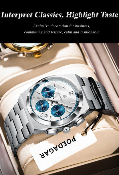 POEDAGAR Fashion Men's Wristwatch Chronograph Date Stainless Steel Quartz Man Clock Waterproof Luminous Business Watches For Men
