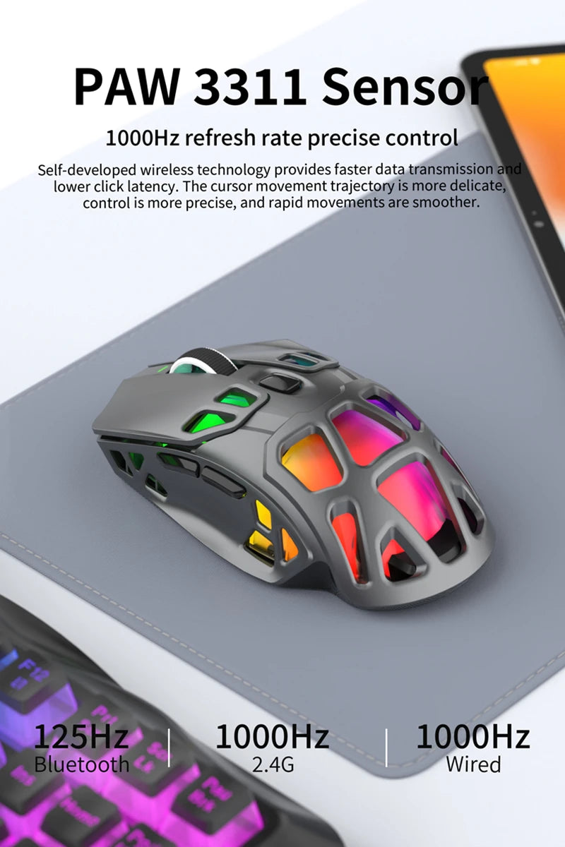 Лека геймърска мишка Lenovo Tri-Mode с RGB зарядна докинг станция 12000DPI 2.4G/Bluetooth/кабелна ергономична мишка за PC и лаптоп