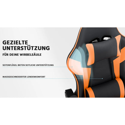 Gaming Chair Ergonomic Gaming Armchair with Lumbar Support, Breathable Pu Leather Office Chair, Comfortable Computer Chair, Load Capacity 200kg, Adjustable Seat Height and Backrest, Black-Orange
