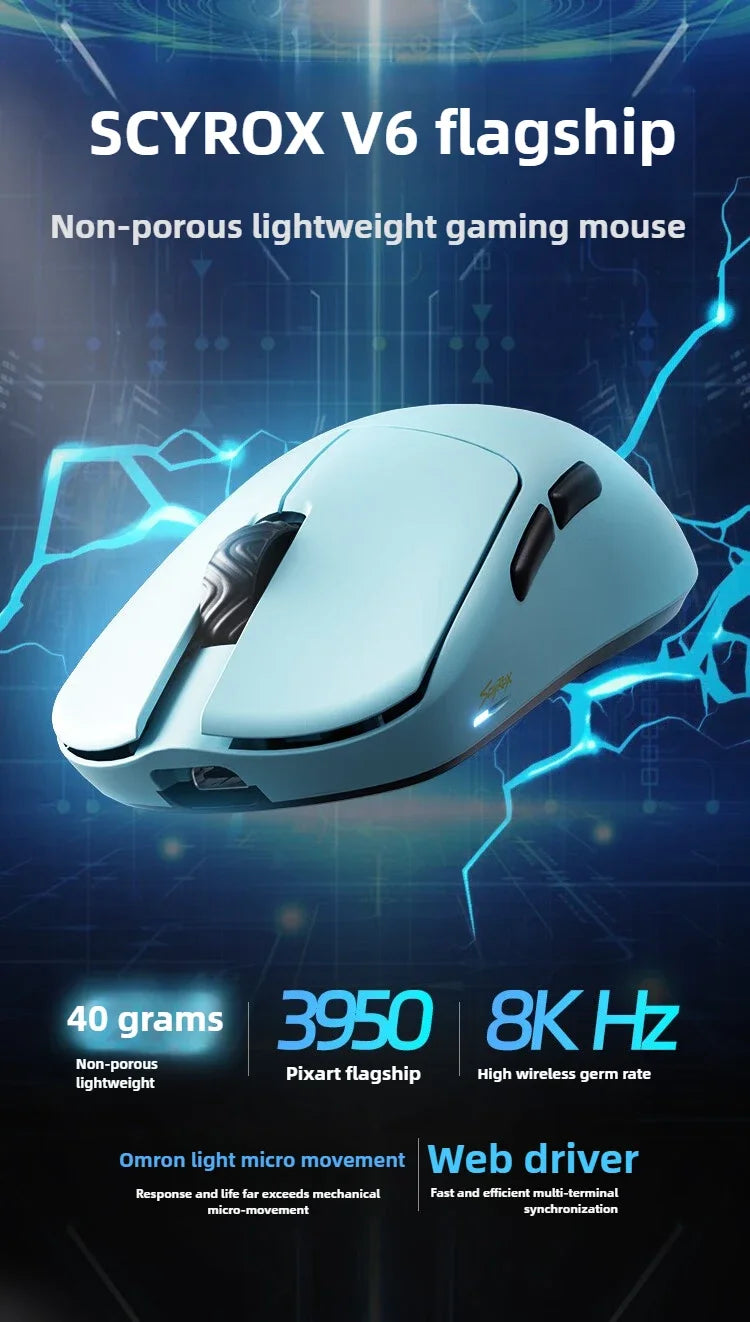 SCYROX V6 non-porous wireless mouse esports 40g 750IPS with 8k receiver fast response 3950 high quality 8KHz  gaming mouse