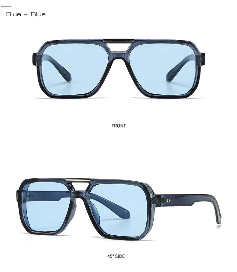 Ochelari de soare SO&EI Fashion cu rame duble, pătrați, pentru femei, stil retro cu nituri, nuanțe de albastru ceai, protecție UV400, ochelari de soare cu gradient pentru bărbați, pentru activități în aer liber