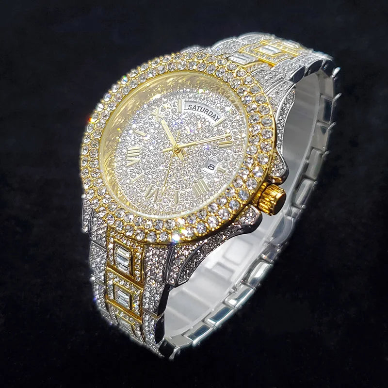 Luxury Diamond Watch for Men Fashion Bling Iced Out Day Date Watches Hip Hop Golden Stainless Steel Quartz Man Clock Hot Sale