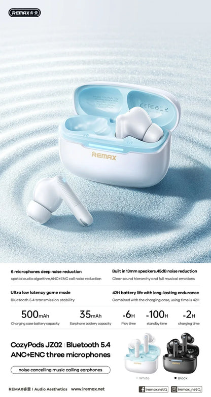 Écouteurs sans fil Remax ANC, réduction de bruit de 45 dB, 6 micros, ENC, appels HD, Cozypods JZ02, mode gaming, faible latence, 42h