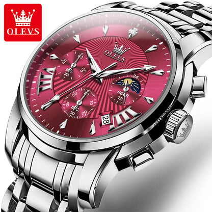 OLEVS Brand Fashion Red Watch for Men Luxury Sport Waterproof Stainless Steel Chronograph Quartz Watches Relogio Masculino