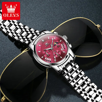 OLEVS Brand Fashion Red Watch for Men Luxury Sport Waterproof Stainless Steel Chronograph Quartz Watches Relogio Masculino
