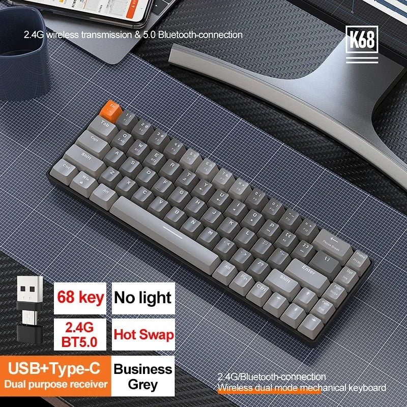 Bezdrôtová herná mechanická klávesnica K68 2,4 G/BT 5.0, 68 klávesov, Hotswap, mini herná mechanická klávesnica, klávesy z PBT, klávesnice s rozložením 65 %