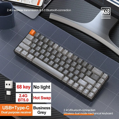 Bezdrôtová herná mechanická klávesnica K68 2,4 G/BT 5.0, 68 klávesov, Hotswap, mini herná mechanická klávesnica, klávesy z PBT, klávesnice s rozložením 65 %