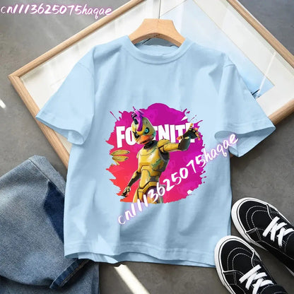 Camiseta azul de algodón para niños Fortress Night, manga corta, diseño kawaii de dibujos animados para niño y niña, ropa de verano, regalo