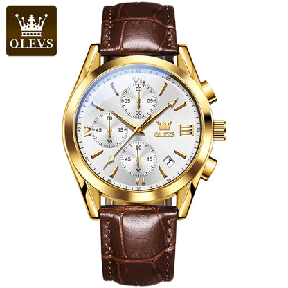 Relógio de pulso cronógrafo para homem OLEVS 2872 – Pulseira em pele, resistente à água, ponteiros luminescentes, movimento de quartzo, estilo desportivo de luxo