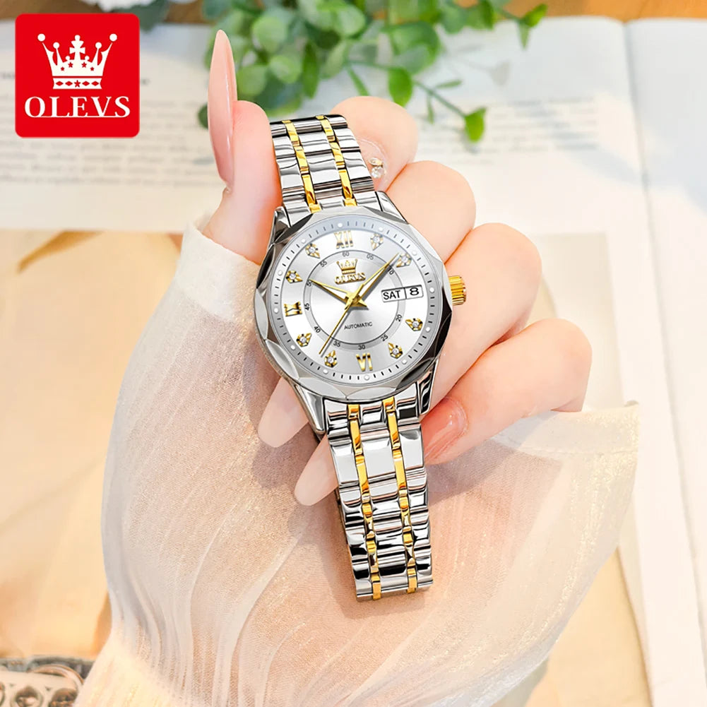OLEVS 6727 Ladies Watch Automatic Mechanical Watch Stainless Steel Waterproof Calendar Week Watches For Women Luxury Elegant New