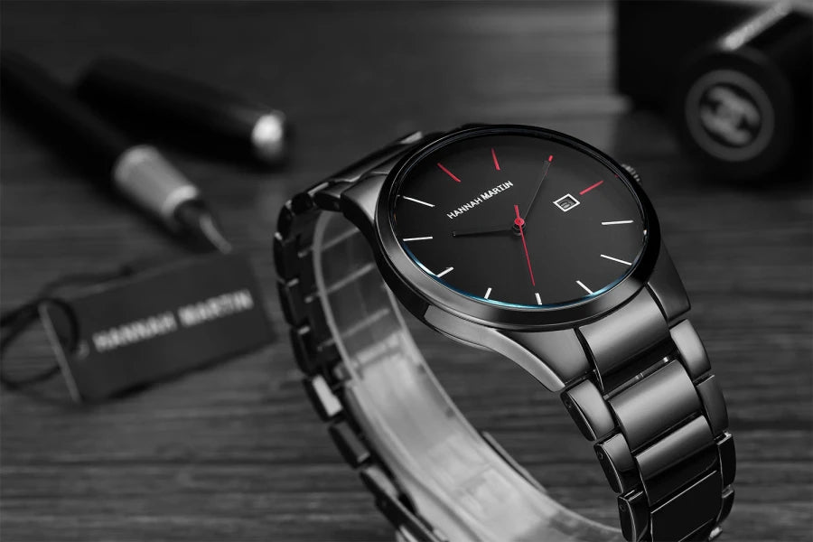 „Hannah Martin“ vyriškas laikrodis, nerūdijančio plieno korpusas, kvarcinis mechanizmas, 41 mm ciferblatas, verslo stiliaus, su kalendoriaus rodymu (imitacija)