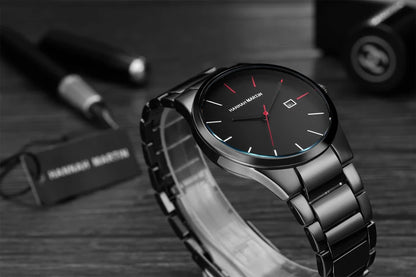 „Hannah Martin“ vyriškas laikrodis, nerūdijančio plieno korpusas, kvarcinis mechanizmas, 41 mm ciferblatas, verslo stiliaus, su kalendoriaus rodymu (imitacija)