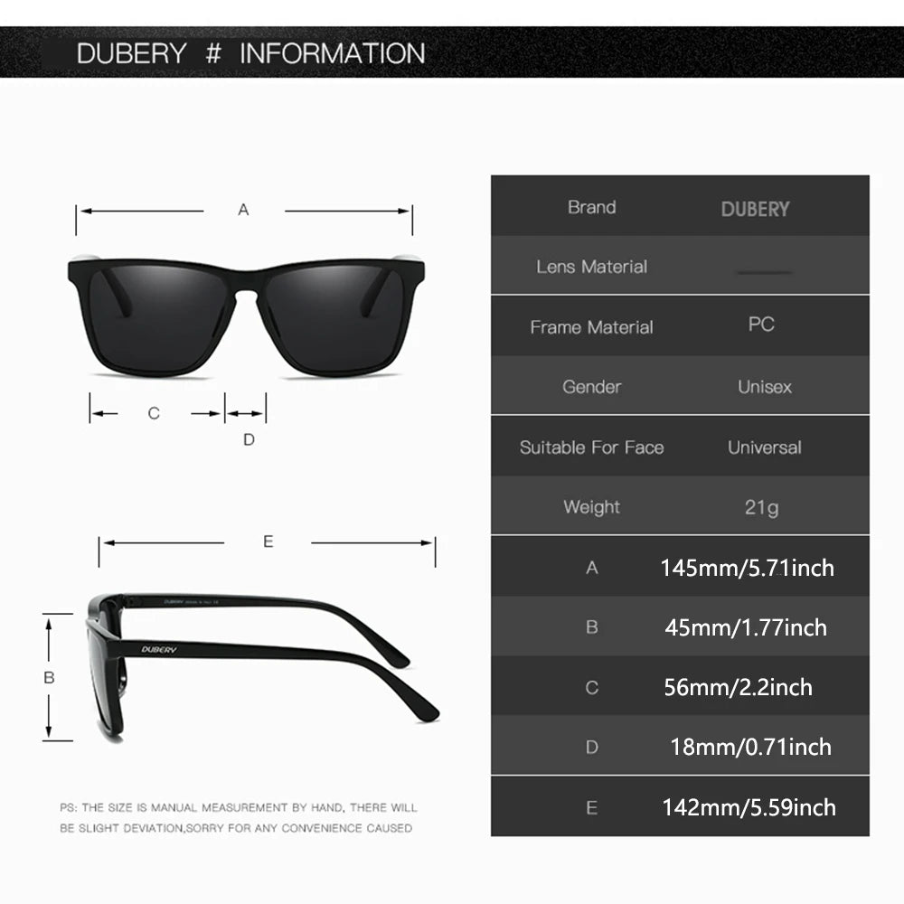 Ochelari de soare de modă polarizați DUBERY cu ramă integrală pentru bărbați și femei, 14 culori, modelul 108