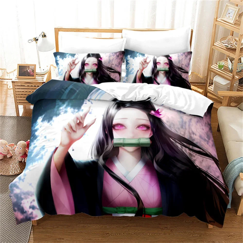 Nezuko Kamado Bedding Set Anime Demon Slayer Duvet Cover Comforter Bed Linen Single Twin Full Queen Size 3D Kids Girls Boys Gift