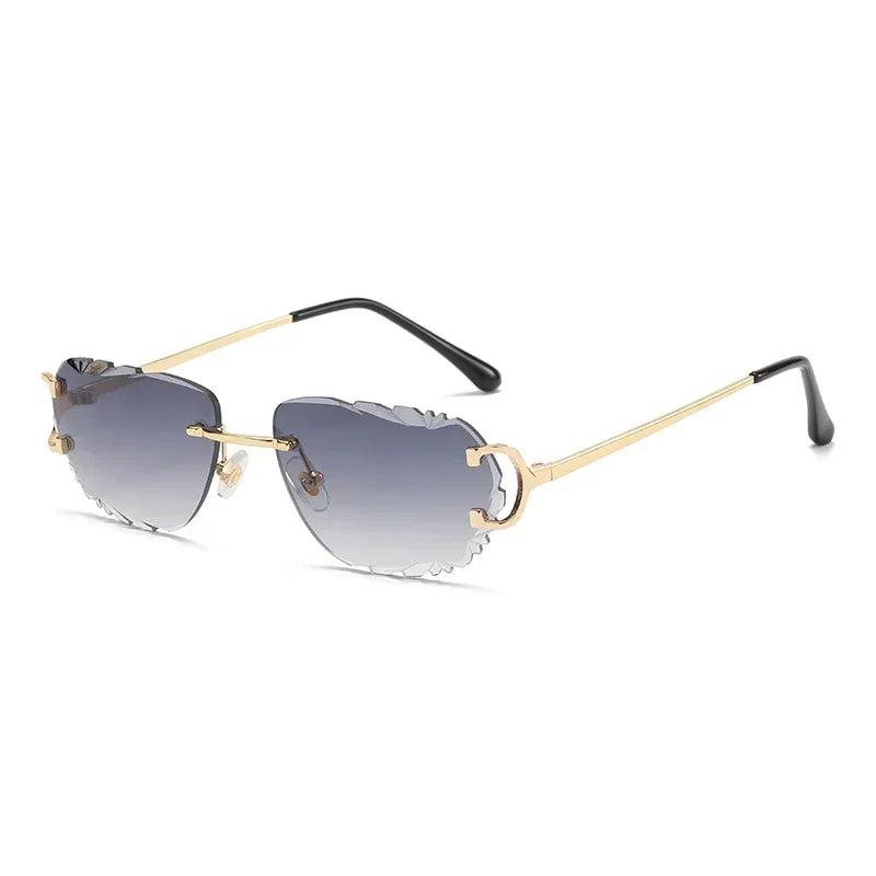 Ochelari de soare retro pentru femei, de marcă, de designer, fără ramă, ochelari de soare la modă, cu lentile tăiate neregulat, ochelari de vedere fără ramă pentru doamne