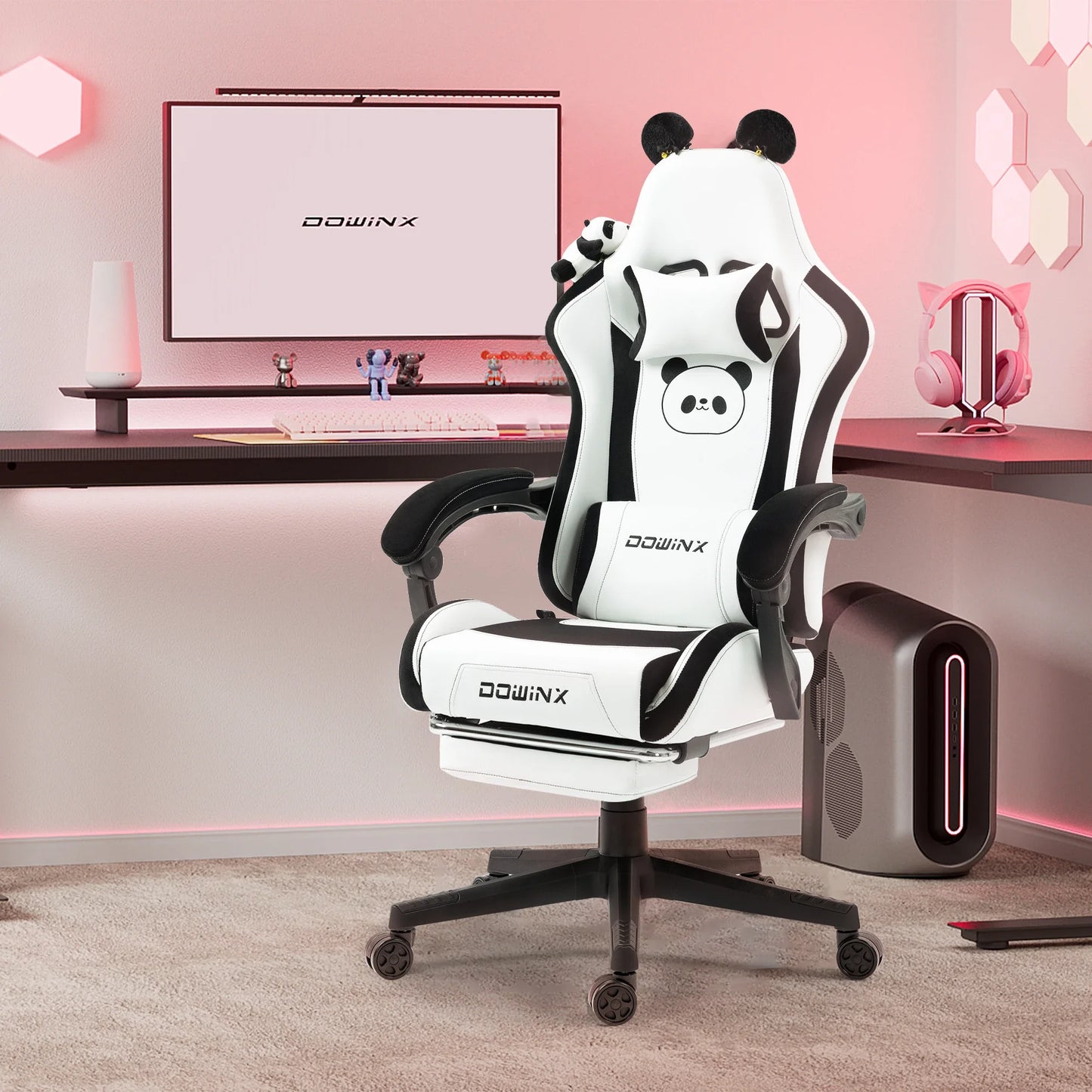 Söt gamingstol med kattöron och fotstöd – rosa kawaii-datorstol, ergonomisk gamer-stol med hög rygg och svankstöd med kattassmotiv