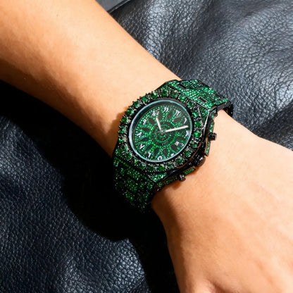 UNIGUET Hip Hop Wristwatch For Men Luxury lce Out Full Diamond Watches Fashion Green Watch Waterproof Clock Man 2026 Hot Sale