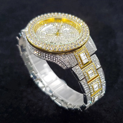 Luxury Diamond Watch for Men Fashion Bling Iced Out Day Date Watches Hip Hop Golden Stainless Steel Quartz Man Clock Hot Sale