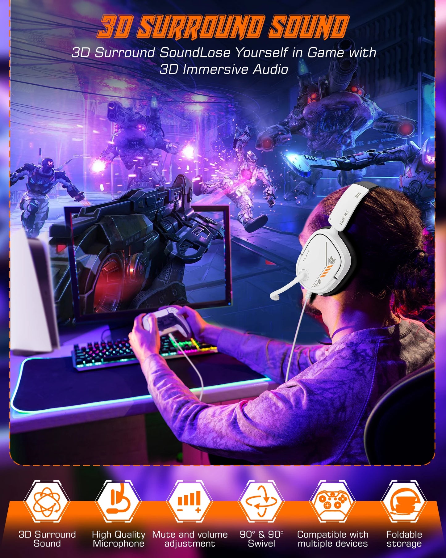 NUBWO HG04L Gaming Headset for PS5/PS4, Xbox Series X|S/Xbox One, Switch Clear Unidirectional Mic 3.5mm Jack Headphone for Gaming