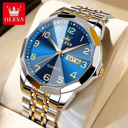 OLEVS 9970 Men Watch Original Brand Waterproof Luminous Quartz Watch Rhombus Mirror Stainless Steel Date-Day-Date Watch With Box