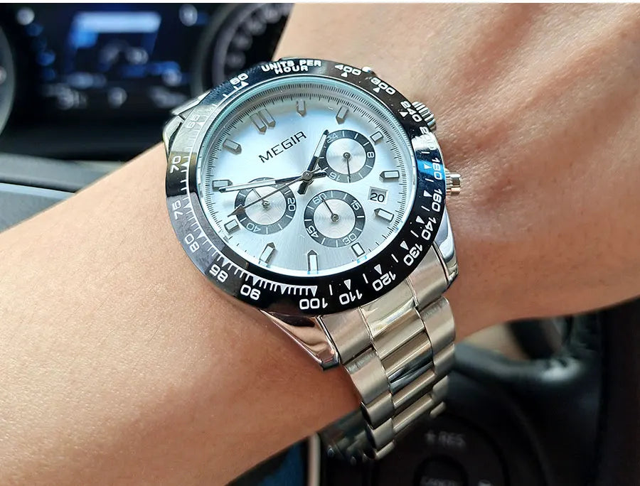 Relógio de homem MEGIR, marca de luxo, relógio desportivo de quartzo, bracelete em aço inoxidável, resistente à água, cronógrafo, relógio de pulso