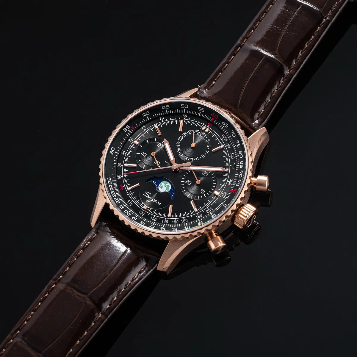 Sugess Chronograph Watch of Man ST1908 Swanneck Movement Mechanical Moonphase Wristwatches Waterproof Calendar Vintage New S468