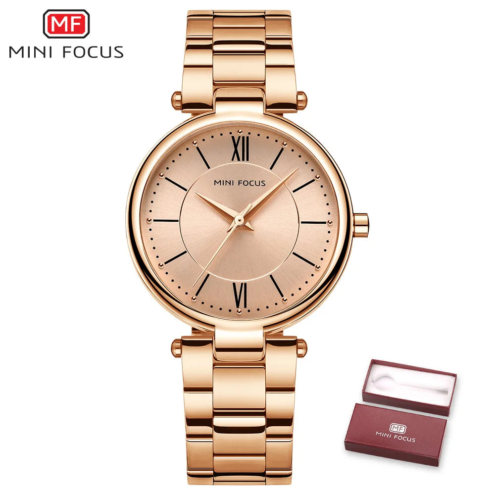 MINI FOCUS Stainless Steel Strap Watches for Women Waterproof Luxury Dress Quartz Wrist Watch Woman Lady Coffee Brown MF0189L