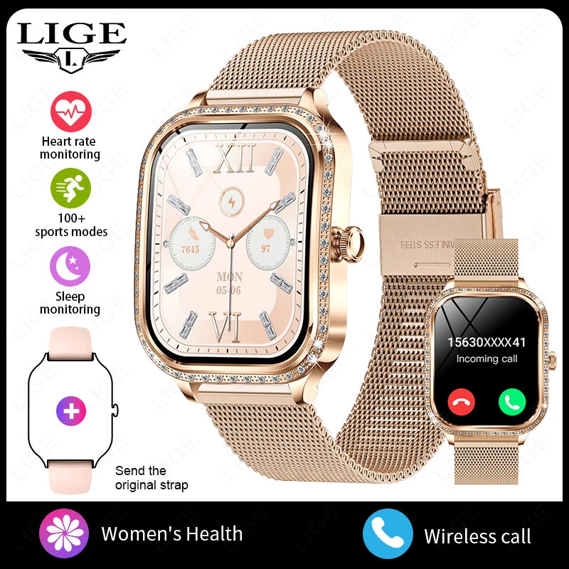 LIGE New Luxury Smart Watch Heart Rate Monitor Fashion Ladies Bracelet 2024 Bluetooth Call Smartwatch Womoen For Android IOS