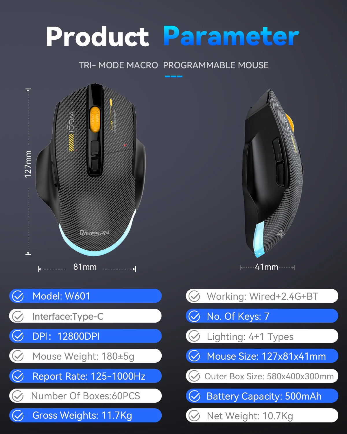 Bluetooth Wireless Gaming Mouse, 12800 DPI Wired/Wireless RGB Mouse with 7 Programmable Buttons, for PC Laptop, Gaming