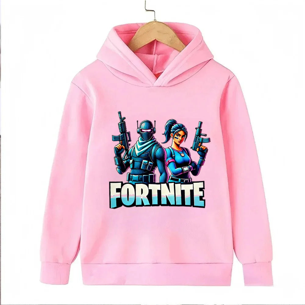 Sweats com capuz para criança com estampado do jogo Fortnite, conjunto cartoon confortável, tops largos de manga comprida, roupa de outono e inverno