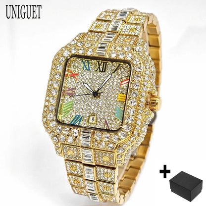 UNIGUET Fashion Diamond Watch for Men Luxury Waterproof Square Quartz Clocks Hip Hop Ice Out Jewelry Wristwatch Male Hot Sell