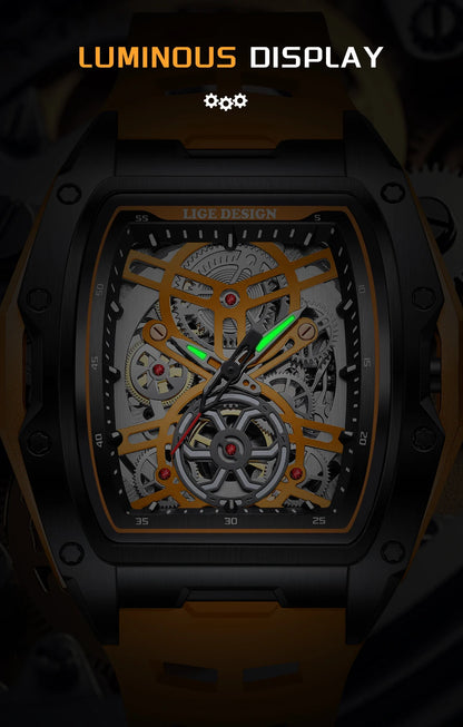 LIGE New Watches Mens Skeleton Mechanical Automatic Watch Top Brand Luxury Luminous 30M Waterproof Watch For Men reloj hombre