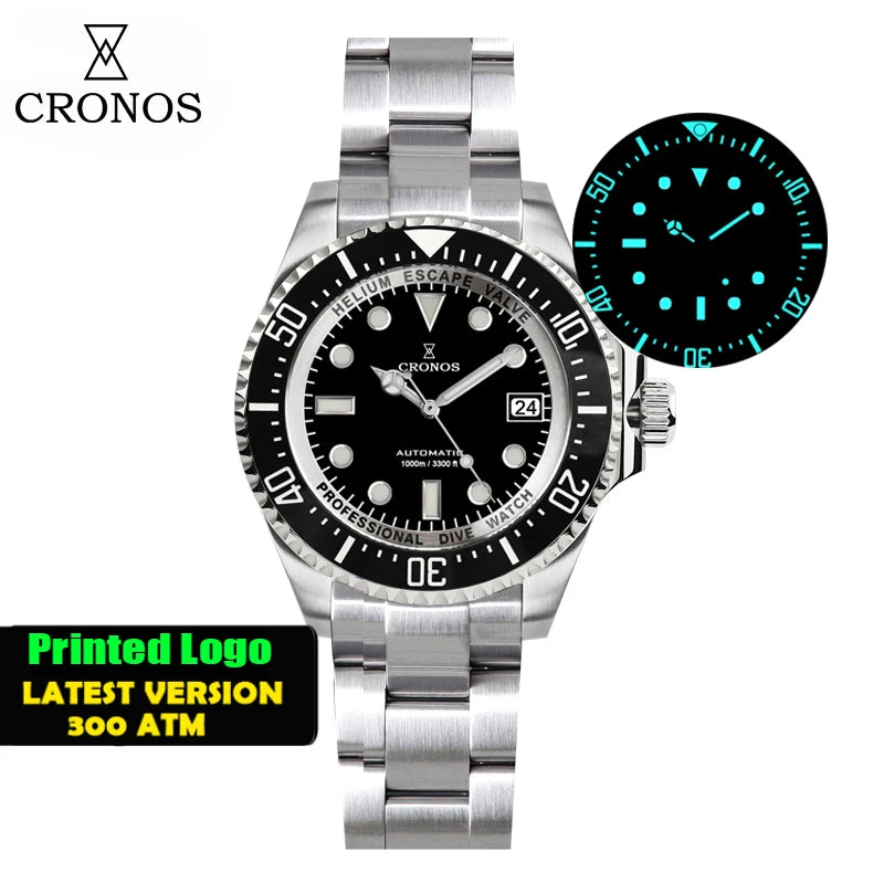 Cronos Automatic Diving Watch Stainless Steel 2000Meters Water Resistance Professional Diver PT5000 SW200 Miyota9015 90S5 L6027M