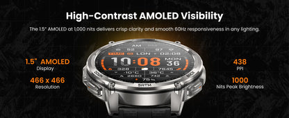 KOSPET TANK T4C Smartwatch Men's Outdoor GPS Watch with Bright LED Flashlight 5ATM Water-Resistant for Swimming Military Tough