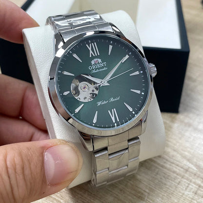 Orient Men's Automatic Open Heart Watch Blue Dial Stainless Steel Band Casual Dress Wristwatch 30M Water Resistant Fashion Watch