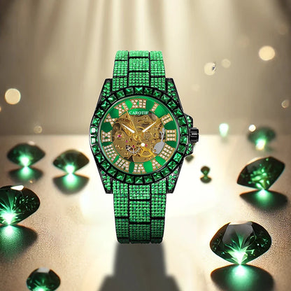 A men's green steel strap luxury trendy analog delicate pinion automatic mechanical watch