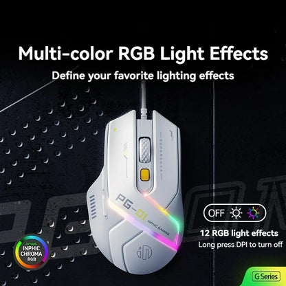 Inphic Pg1 Wired Gaming Mouse, RGB Light Emitting, Macro Programming, 12800 DPI, 6 Keys, Computer Mouse, 1000Hz Polling Rate