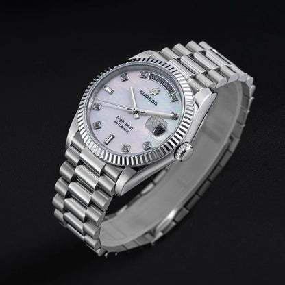 Sugess Watch of Men 36mm Date Automatic Retro Mechanical Wristwatches Sapphire Crystal RoseGold Dandong SL3034 Movement Day New