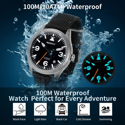 BERNY Full Titanium Automatic Watch for Men Sapphire AR Coated 10Bar Supper Luminous Men Wristwatch Sports Aviation Men Watches