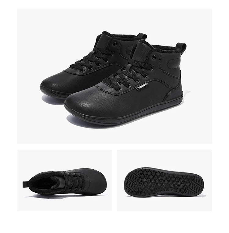 HOBIBEAR Unisex-Barfußschuhe für den Winter, Damen und Herren, breite Zehenkappe, mit Kunstfell gefüttert, Knöchel-Sneaker, Schnürschuhe aus Kunstleder