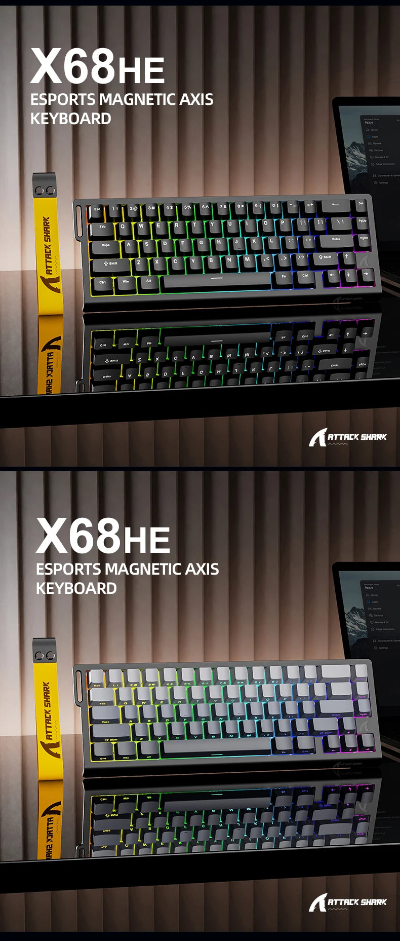 ATTACK SHARK X68 HE Rapid Trigger 8KHz Magnetic Keyboard, 0.01mm RT Accuracy, 60% Layout, RGB, Support RT/Snap Tap/DKS/MT/TGL