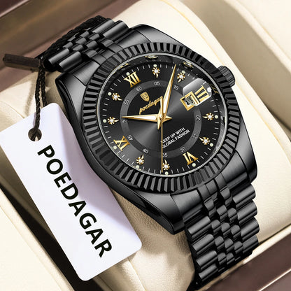 Relógio de homem POEDAGAR – Modelo de luxo, estanque, em aço inoxidável, com visor luminescente, estilo militar, função de data, movimento de quartzo, ideal para o trabalho ou ocasiões profissionais.