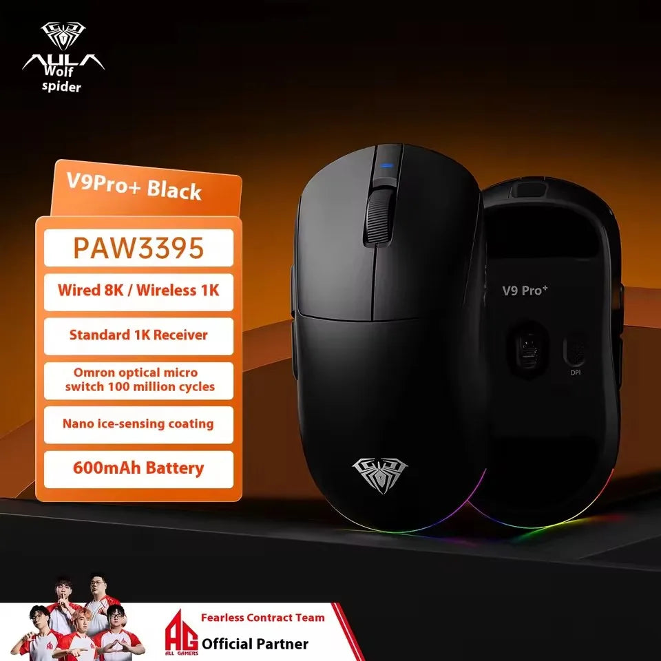 Aula V9 Ultra bezdrátová e-sportovní herní myš, duální 8k, 3 režimy, PAW 3950, 8k, 55g, lehká ergonomická myš, zakázkové příslušenství k PC