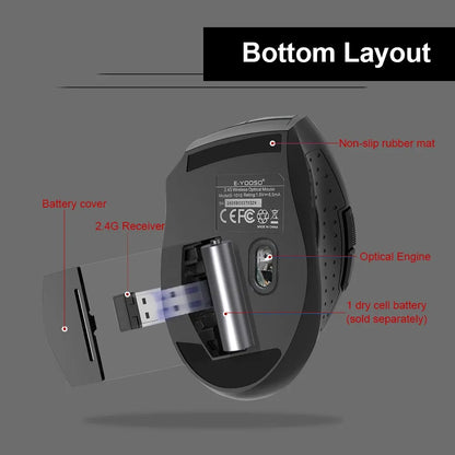 E-YOOSO E-1010 USB 2.4G bezdrôtová herná a kancelárska myš, 2400 DPI, optická ergonomická myš na hranie pre notebook a PC