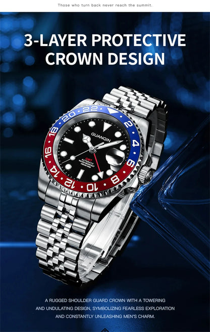 GUANQIN GMT Herrenuhren 2025 Neue Automatikuhr für Herren NH34 Mechanische Armbanduhr Saphirglas Edelstahlgehäuse Linkshänder