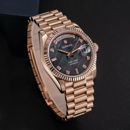 Sugess Watch of Men 36mm Date Automatic Retro Mechanical Wristwatches Sapphire Crystal RoseGold Dandong SL3034 Movement Day New