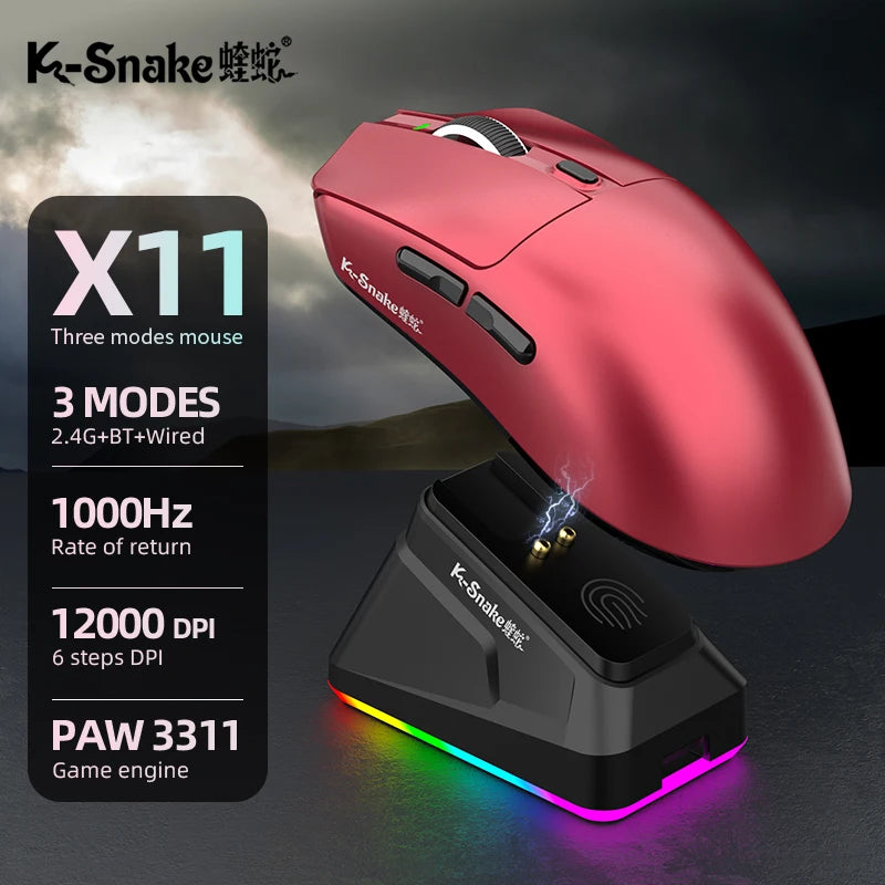 K-Snake X11 Bluetooth Wireless Gaming Mouse, Tri-Mode RGB Rechargeable Mouse with PAW3311 Sensor, 12000 DPI Magnetic Charging Gaming Mouse for PC, Laptop & Office