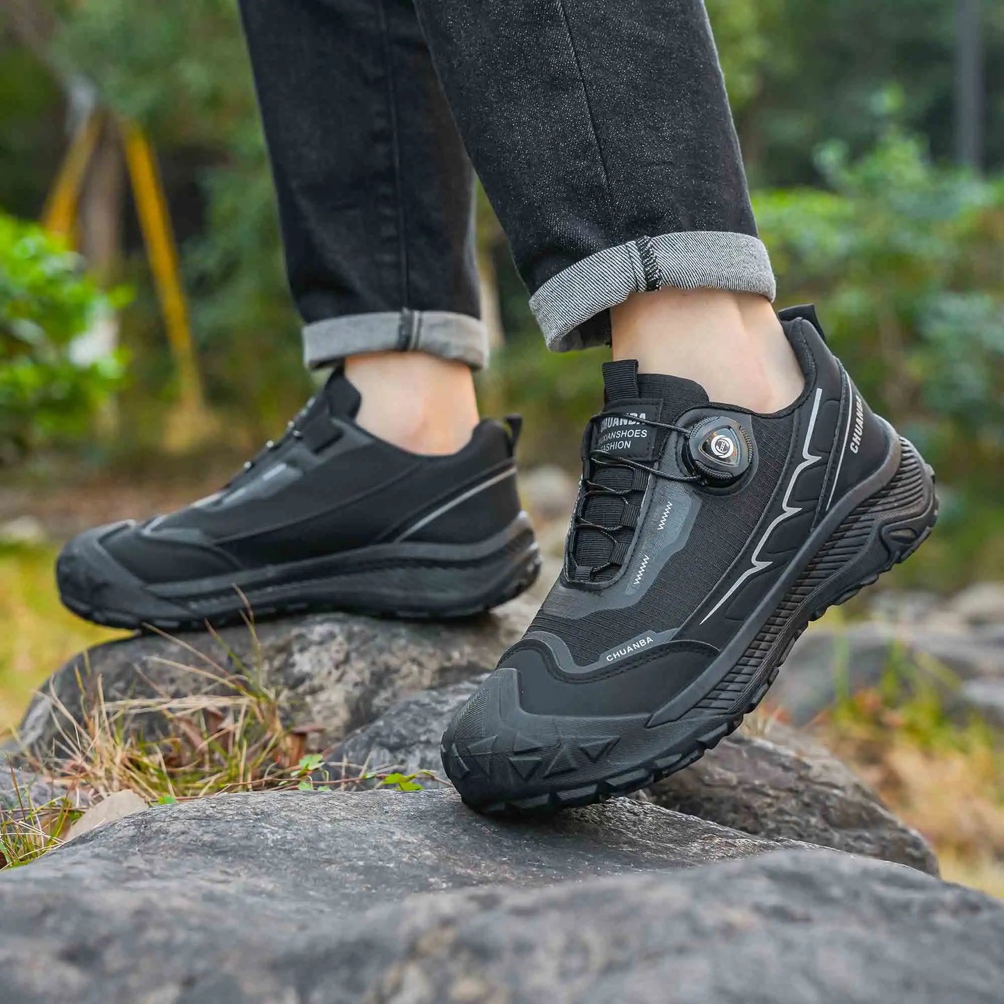 Men's Lightweight Casual Outdoor Running Shoes in Black, Grey, Khaki, Sizes 39-48, PU Material with Canvas